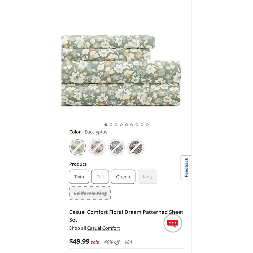 NEW! Casual Comfort iEnjoy Cal King 4PC Floral Dream Patterned Sheet Set